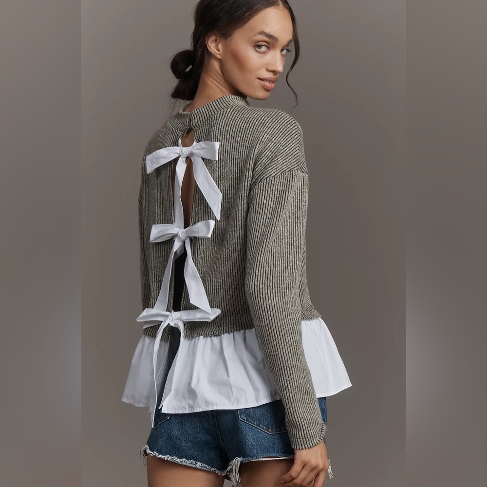 New Maeve Anthropologie Long-Sleeve Bow-Back Twofer Peplum Top Olive NWT - Picture 5 of 6